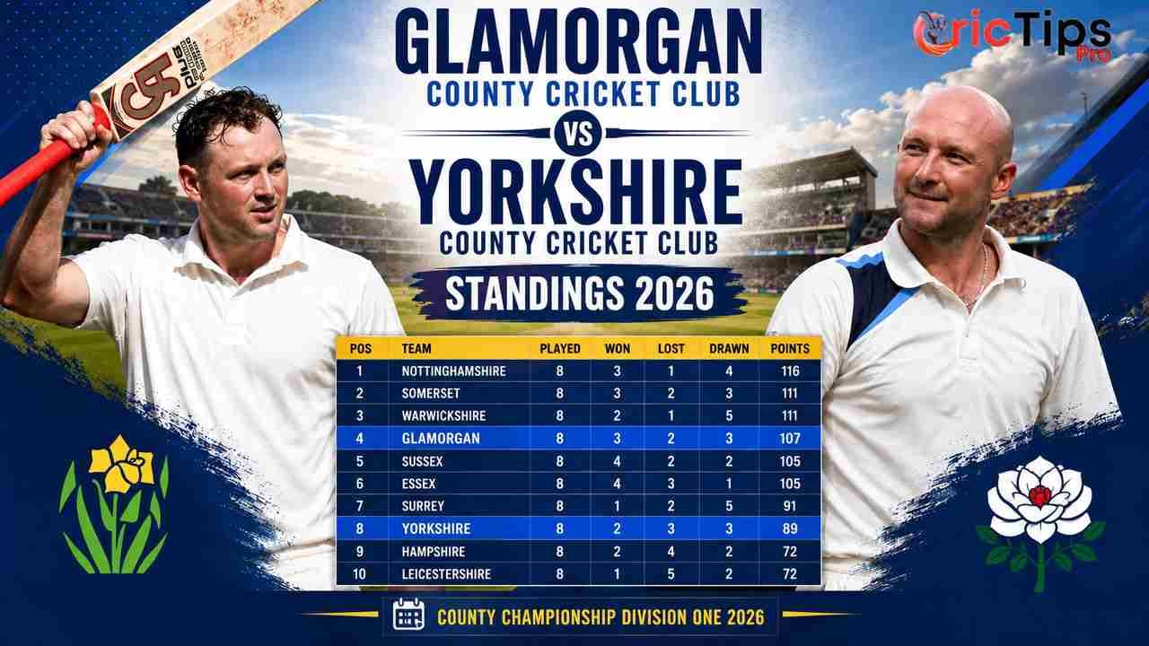 Glamorgan County Cricket Club vs Yorkshire County Cricket Club Standings 2026 showing the latest County Championship Division One points table, Glamorgan in 4th place and Yorkshire in 8th.