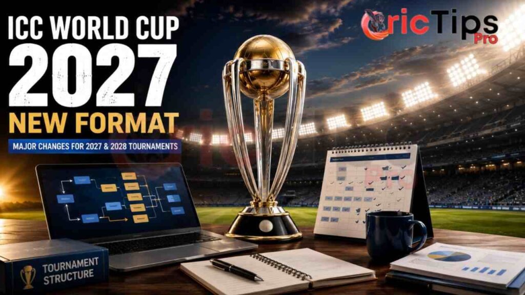 ICC World Cup 2027 New Format trophy graphic showcasing the revised tournament structure and major ICC format changes for the 2027 ODI and 2028 T20 World Cups.