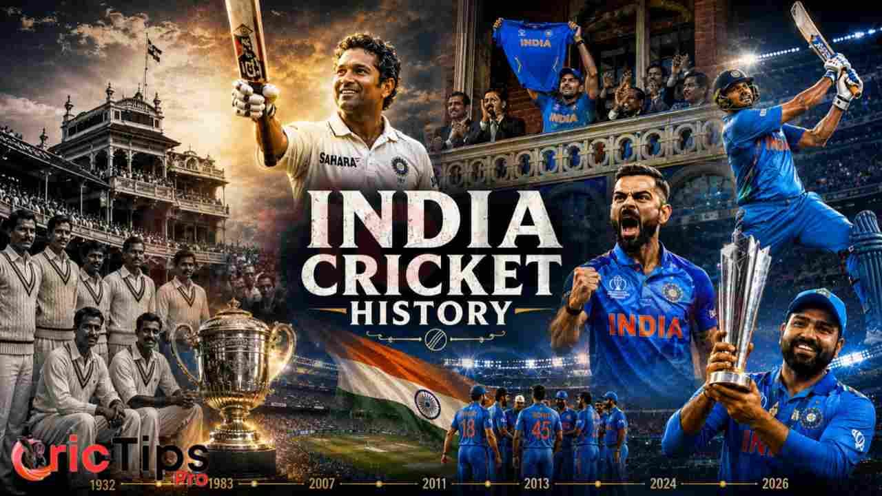 India Cricket History collage featuring Sachin Tendulkar, Virat Kohli, Rohit Sharma, India's World Cup victories, and the evolution of Indian cricket from 1932 to 2026.
