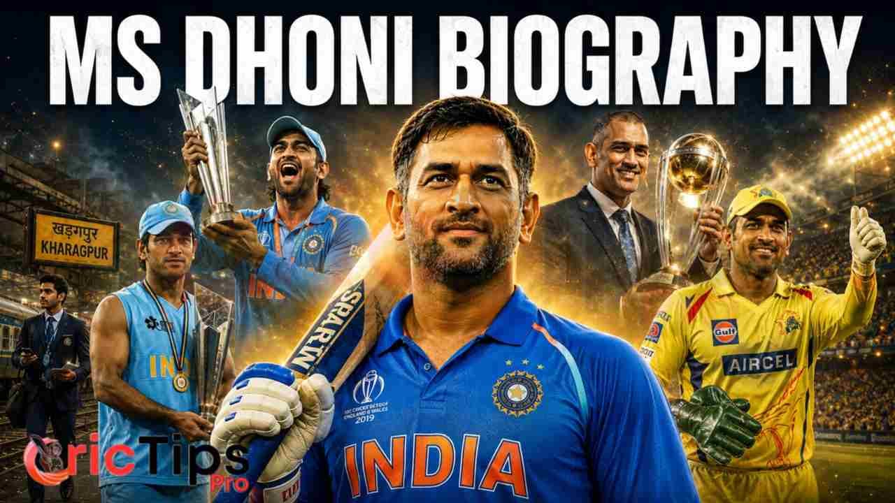 MS Dhoni Biography showing his journey from Kharagpur TTE to India's World Cup-winning captain and Chennai Super Kings legend