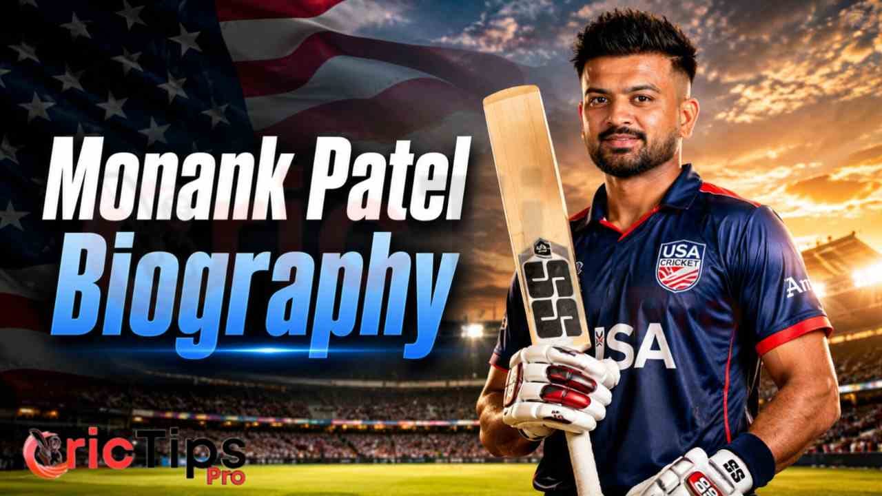 Monank Patel Biography – USA Cricket captain Monank Patel holding a bat in the USA jersey, highlighting his inspiring cricket journey and leadership.