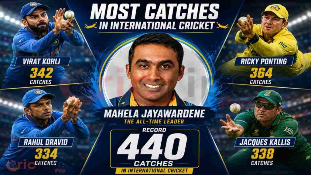 Most Catches in International Cricket – Mahela Jayawardene leads with 440 catches alongside Ricky Ponting, Virat Kohli, Rahul Dravid and Jacques Kallis.