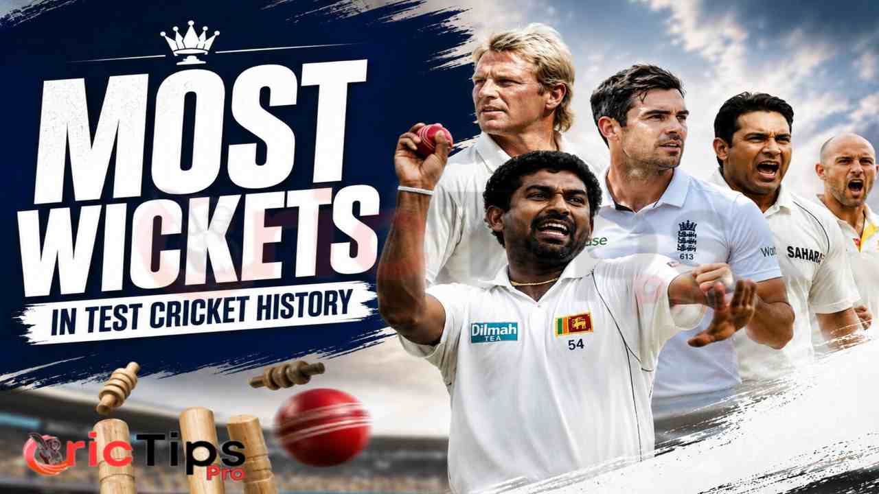Most Wickets in Test Cricket History featuring Muttiah Muralitharan, Shane Warne, James Anderson, Anil Kumble and Glenn McGrath