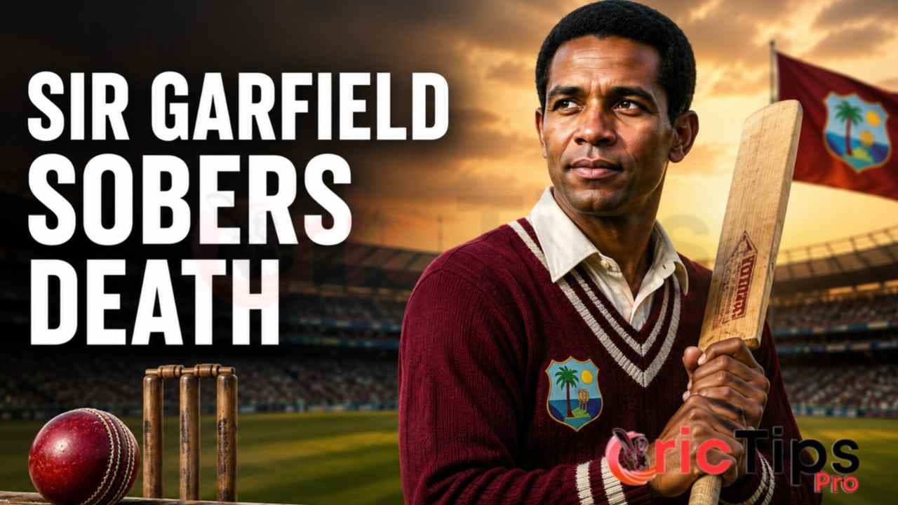 Sir Garfield Sobers death tribute image featuring the legendary West Indies all-rounder holding a cricket bat in a stadium.