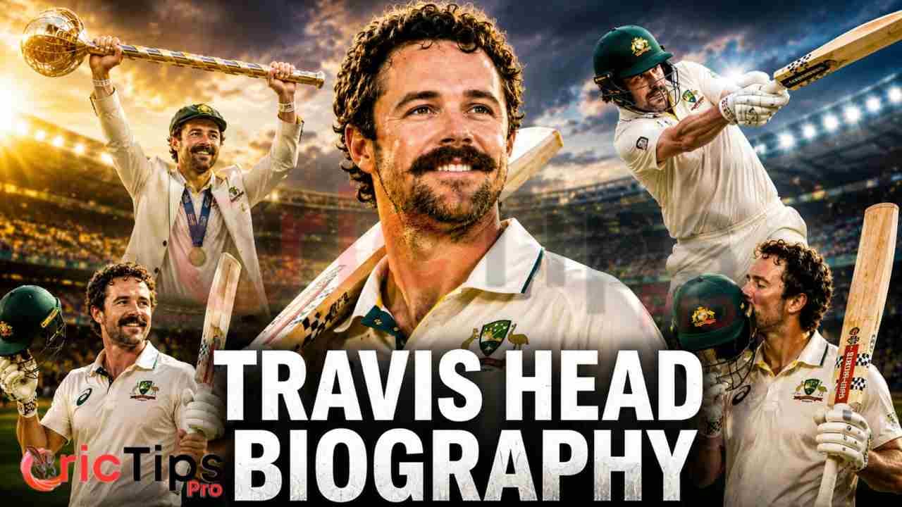 Travis Head Biography collage featuring Australia's star batter celebrating victories, batting in Test cricket, and showcasing his successful international cricket career.