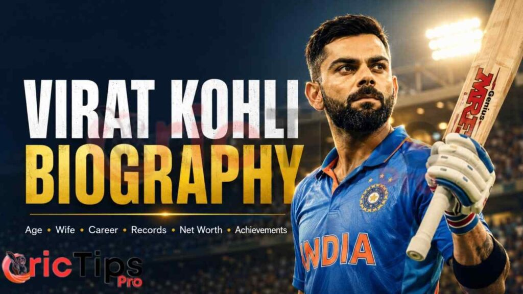 Virat Kohli Biography featuring India's legendary cricketer with details about his age, wife, career, records, net worth, and achievements (2026).