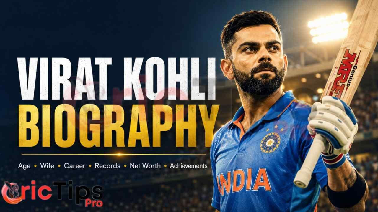 Virat Kohli Biography featuring India's legendary cricketer with details about his age, wife, career, records, net worth, and achievements (2026).