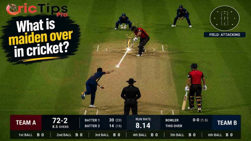 What is Maiden Over in Cricket? A fast bowler delivers six dot balls while an attacking field creates pressure on the batter during a crucial over.