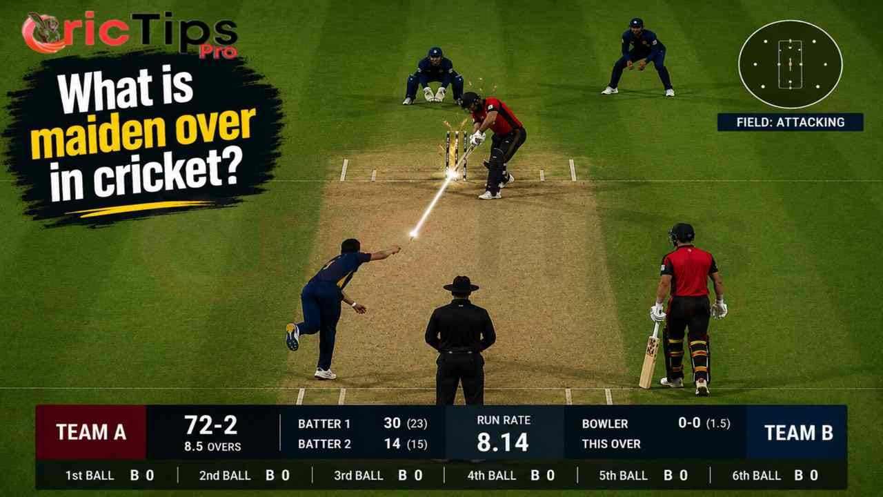 What is Maiden Over in Cricket? A fast bowler delivers six dot balls while an attacking field creates pressure on the batter during a crucial over.