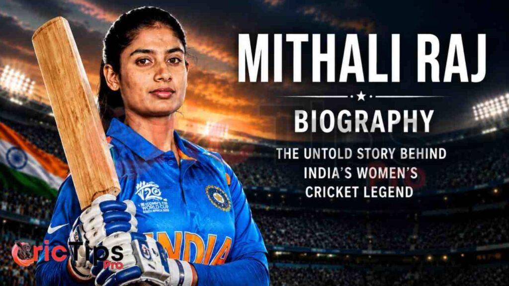 Mithali Raj Biography – Former India women's cricket captain holding a bat in Team India jersey