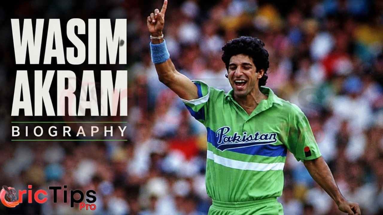 Wasim Akram Biography showing Pakistan's Sultan of Swing celebrating after taking a wicket during an international cricket match